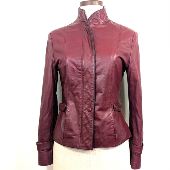 Vintage burgundy leather zip up jacket W straps at waist & cuffs. Medium - Picture 2 of 16